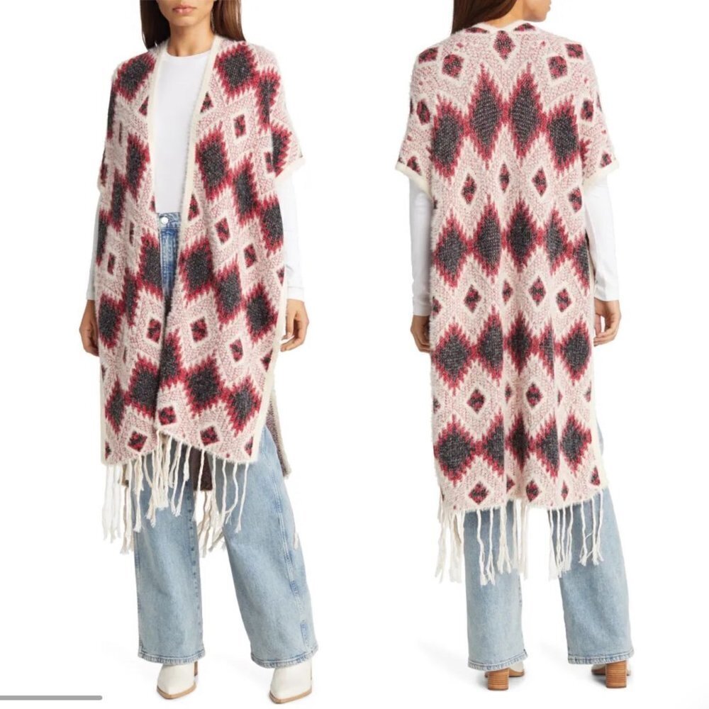 Akemi + Kin Poncho wrap tribal southwestern geometrical print fuzzy eyelash